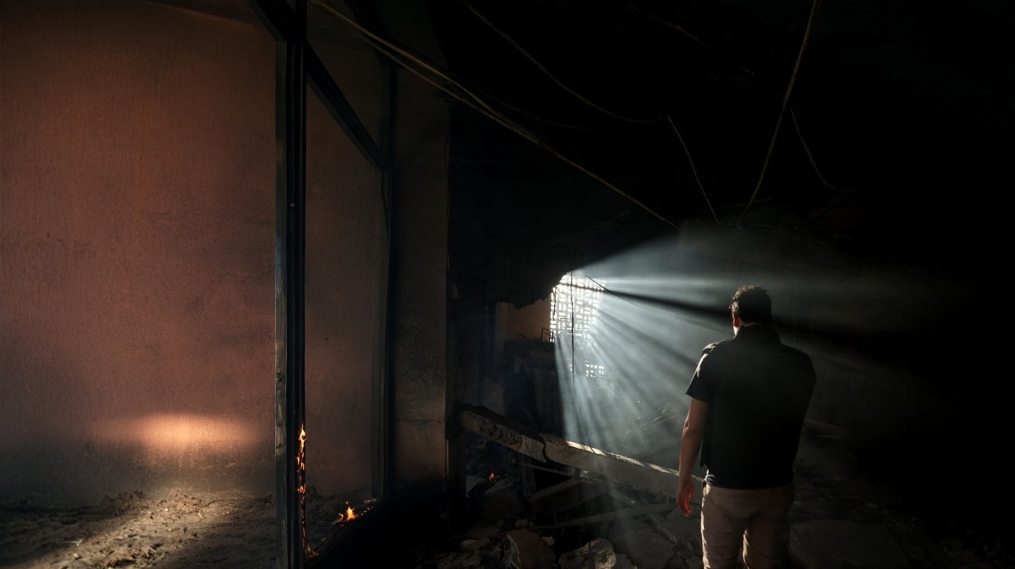 A man stands in a dark, damaged room as a beam of light falls through a broken window